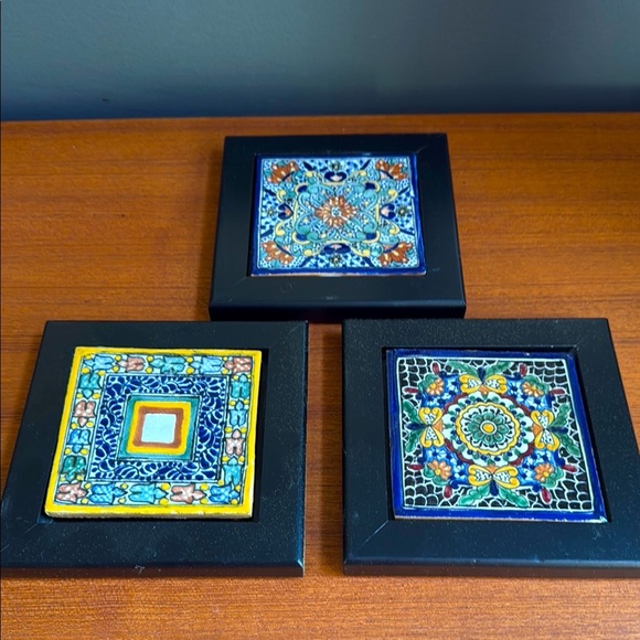 Set 3 Tonala hand painted vintage Mexican tile wall art/trivets h collectible - Picture 1 of 10